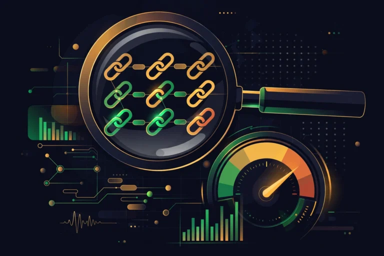 Anchor text audit illustration with magnifying glass over links and risk gauge meter