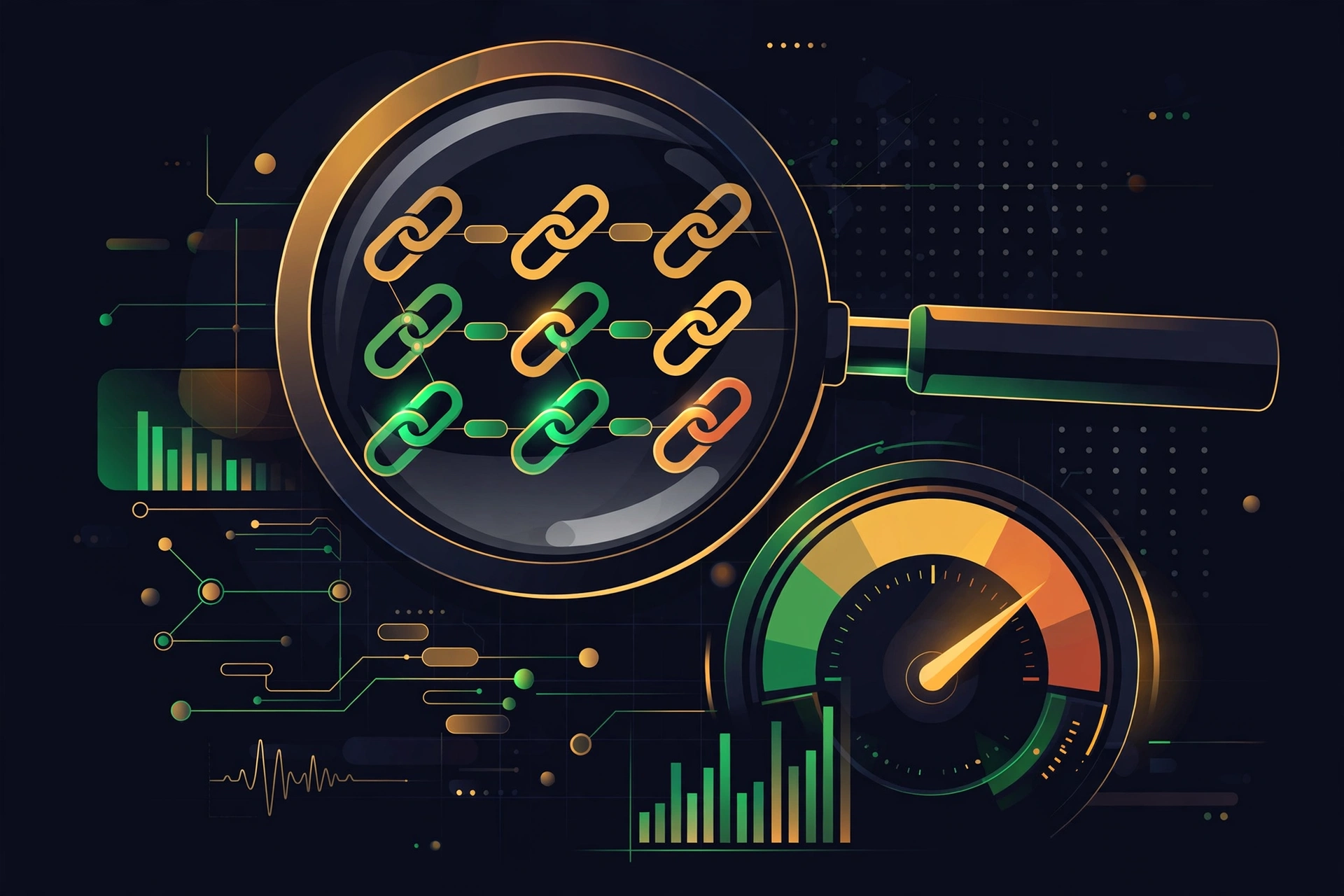 Anchor text audit illustration with magnifying glass over links and risk gauge meter