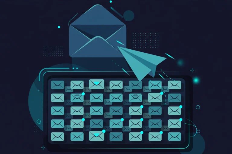 Email outreach illustration showing a guest post pitch flying out of a crowded inbox