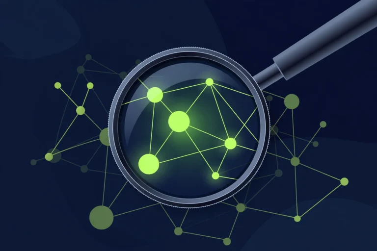 Link gap analysis illustration showing competitor backlink comparison with magnifying glass over network nodes