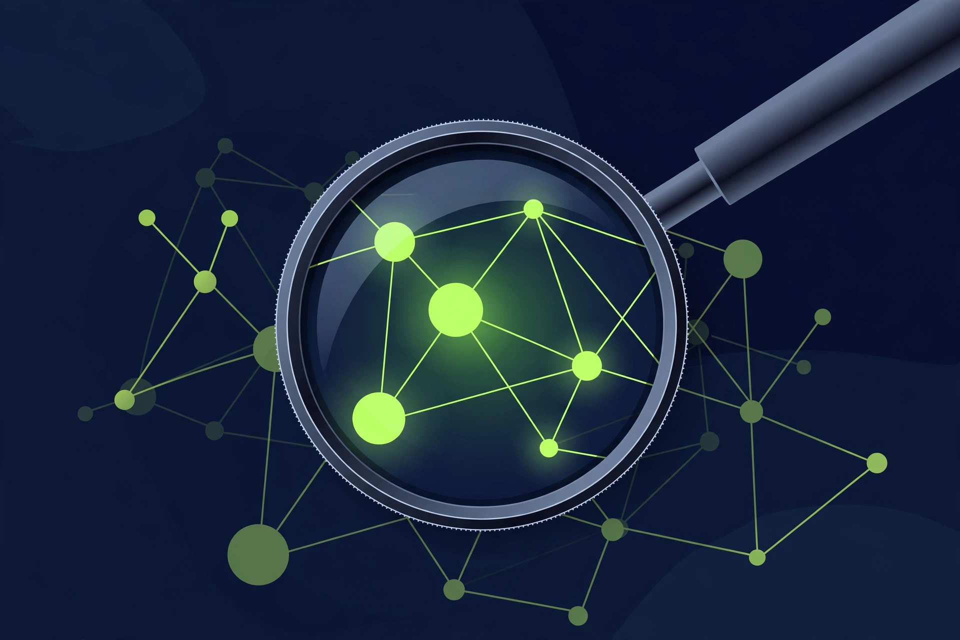 Link gap analysis illustration showing competitor backlink comparison with magnifying glass over network nodes