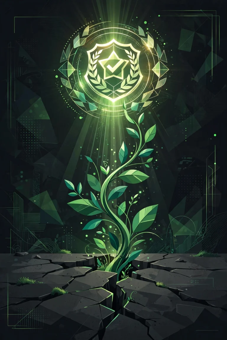 Plant growing through concrete toward a glowing authority badge, symbolizing link building in restricted niches